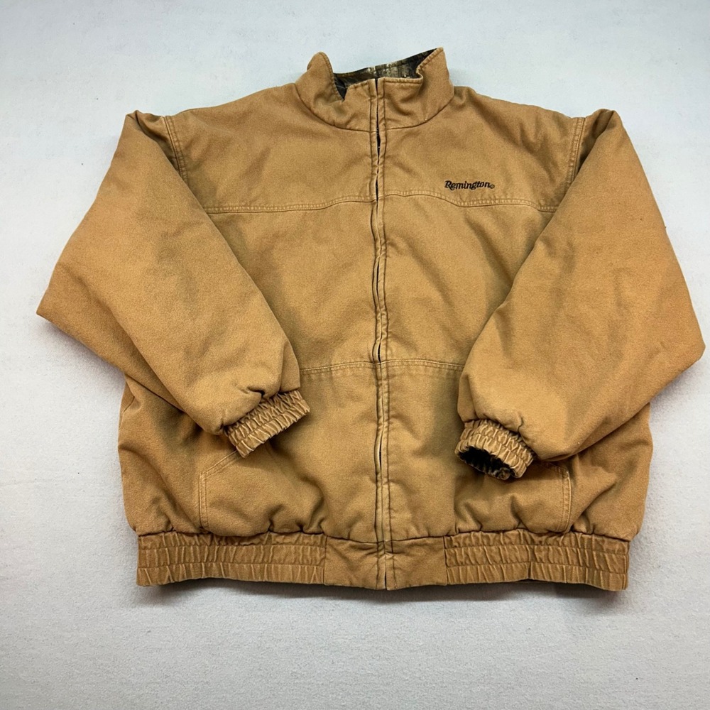 Remington Mens 2XL Reversible Bomber Jacket Tan Canvas Realtree AP Camo